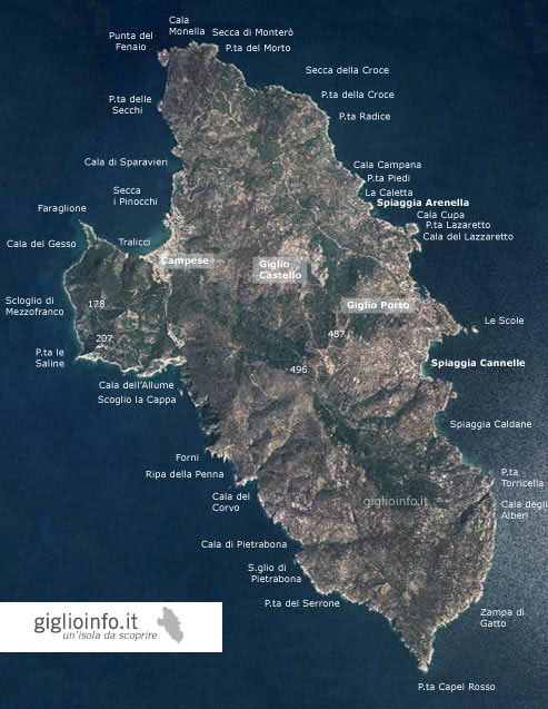 Satelittenbild mit Buchtnamen der Isola del Giglio