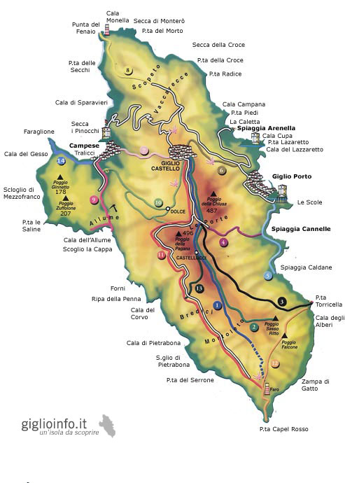 Landkarte der Insel Giglio mit Buchtnamen