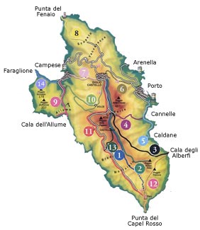 Landkarte der Insel Giglio mit Wanderwegen